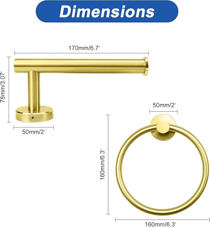 NearMoon 2 Pieces Bathroom Hardware Accessories, Towel Ring and Toilet Paper Holder- Stainless Steel Bath Towel Hanger and Hand Towel Holder, Wall Mounted (Brushed Gold)