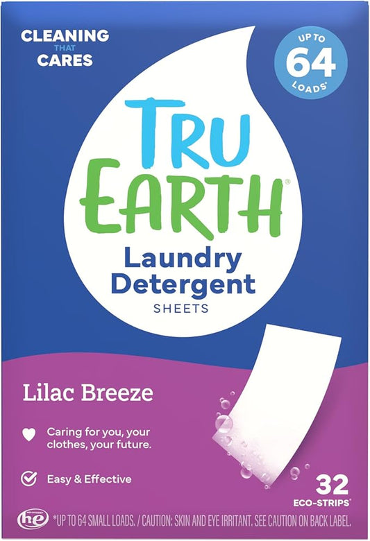 Tru Earth Compact Dry Laundry Detergent - Up to 64 Loads (32 Sheets) - Paraben-Free - Original Eco-Strip Liquidless Detergent, Travel Sheets - Lilac Breeze | Packaging May Vary