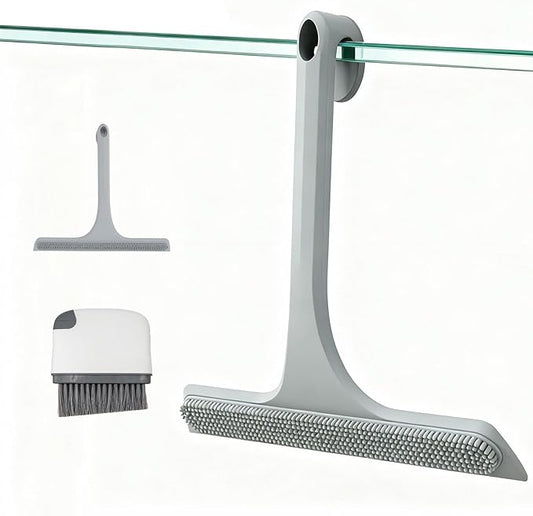 10.7“ Wide All-Purpose Shower Squeegee for Glass Doors, Squeegee for Shower Glass with Hook, Window Squeegee with Double-Ended Gap Brush Set for Shower, Bathroom, Car Glass, Mirror (Gray)