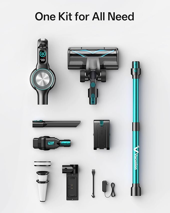 Cordless Vacuum Cleaner, 8-in-1 Cordless Stick Vacuum Cleaner with 3 Suction Modes, Up to 45mins Runtime, Rechargeable, Self-Standing, Vacuum Cleaners for Home Pet Hair Carpet Car Hard Floor, Green