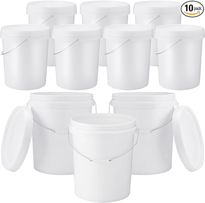 Gerrii 10 Pack White Plastic Bucket with Handle and Lid Food Storage Bucket Containers All Purpose Pail for Multipurpose Paint Water Art Crafts Projects Garage Organization (White,3.5 Gallon)