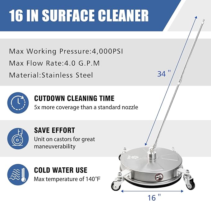 JANZ 16" Pressure Washer Surface Cleaner with 4 Wheels, Stainless Steel Housing, 1/4" Quick Plug, 2 Extension Wand Attachments, 2 Replacement Nozzles and 3 Spray Nozzles, 4000 PSI