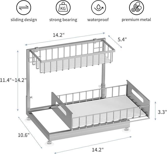 Under Sink Organizer Storage 2-Tier Premium Metal Pull-Out Kitchen Cabinet Organizer with Sliding Drawer, Height Adjustable, Heavy Duty for Kitchen & Bathroom Organizers 1 Pack Grey