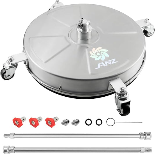 JANZ 18" Pressure Washer Surface Cleaner with 4 Wheels,1/4" Quick Plug,Stainless Steel Housing,2 Extension Wand Attachments, 3 Spray Nozzles and 2 Replacement Nozzles, 4000 PSI
