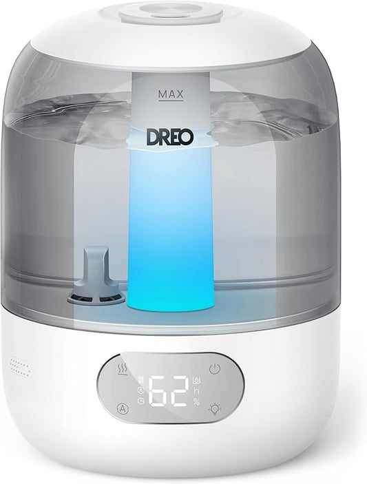 DREO Humidifiers for Bedroom, Cool Mist Ultrasonic Humidifiers with 30Hr Runtime, Top Fill 3L Tank, Easy Clean, Humidity Sensor, Night Light for Baby, Nursery, 360° Nozzle for Plants and Home, Grey