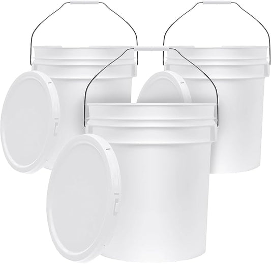 5-Gallon White Bucket Pail Container with Lid | Food Grade | Heavy-Duty 90MIL Extra Durable | Metal Handles with Plastic Grip for Easy Carrying | Multi-Use | Easy Stack and Store | BPA Free - 3 Pack