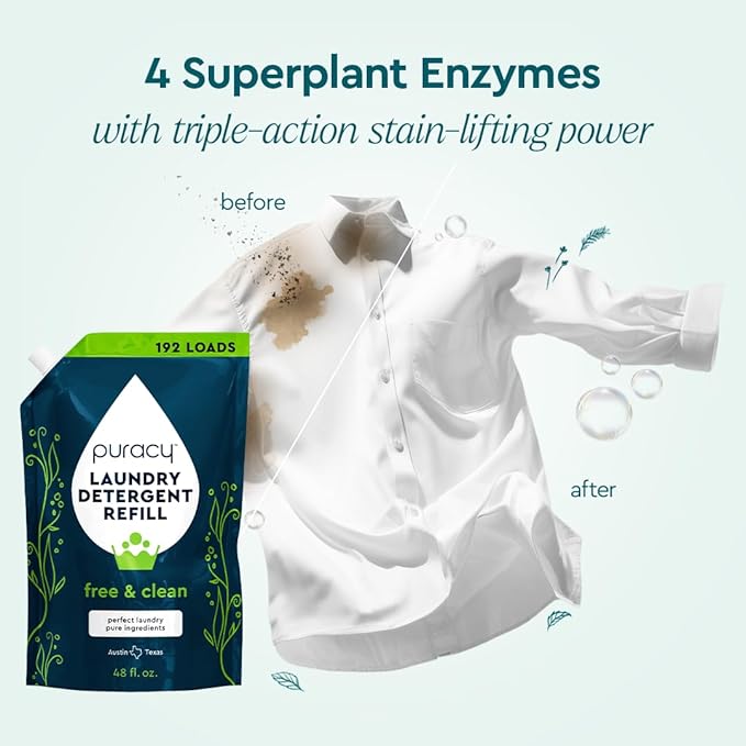 Puracy Laundry Detergent Refill - Enzyme-Powered Liquid Detergent Concentrate, Natural Laundry Detergent Seen on TikTok, Non-Toxic (Free & Clear, 48 fl oz, 192 Loads) (Pack of 2)