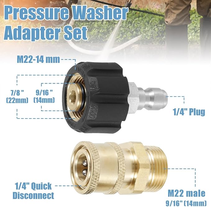 2 pcs 1/4 Pressure Washer Hose Connector Adapter Set Stainless Steel M22 to 1/4inch Quick Connector Kit 4500PSI Max Safe Water Hose Connect Fittings Pressure Washer to Wand Connector