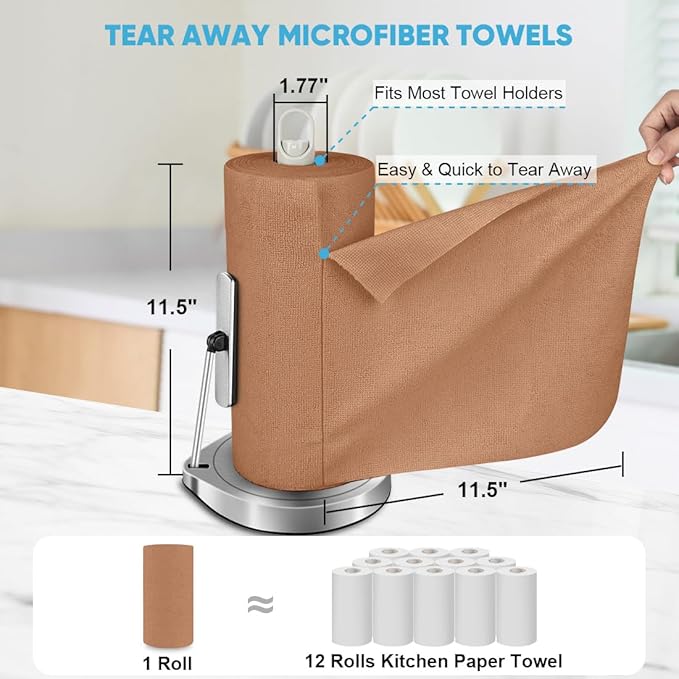 AIDEA Microfiber Cleaning Cloth Roll, 50PK, Reusable Paper Towels Tear Away Cloth, Microfiber Towels Washable Shop Rags, Lint Free Cleaning Rags for House, Kitchen, Window, 11.5"×11.5", Coffee