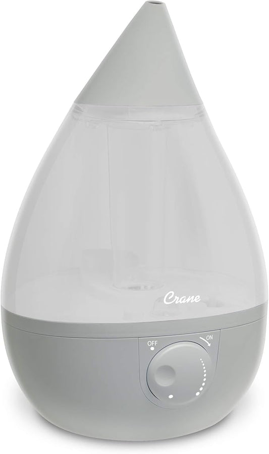 Crane Ultrasonic Teardrop Cool Mist Humidifier, Large 1 Gal Tank, Automatic Shut-Off, Baby Humidifiers for Nursery and Bedroom, Grey