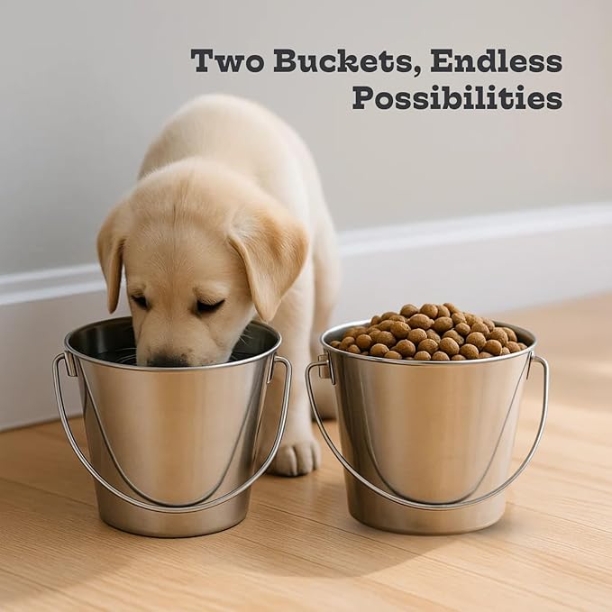 4 Quart Heavy Duty Stainless Steel Round Bucket with Handle | Fits Kennel Cage Critter Crates Farm use | Food & Water Pail for Dogs Cats Goat Pets | Livestock Multipurpose, Pack of 2