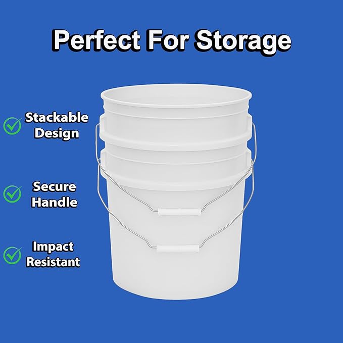 5-Gallon Bucket with Airtight Lid – Heavy-Duty Extra Durable Pail – Made in USA – Premium Quality HDPE – Food Grade – BPA Free – Metal Handle with Plastic Grip – Stackable – Multi-Use – White, 5 Pack