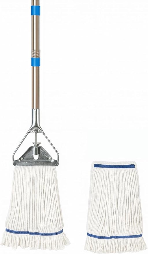 Heavy‑Duty Looped‑End String Wet Mop with Extra Mop Head – 59″ Stainless Steel Pole, Large 450 g Cotton Yarn Head for Commercial & Industrial Cleaning, with Extra Mop Head