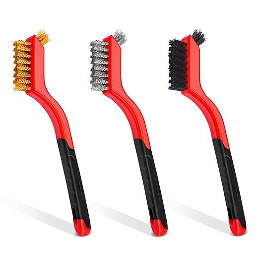 Wire Brush Set, 3 Pcs Stainless Steel/Brass/Nylon Wire Brushes for Cleaning with Curved Handle Grip for Rust Removal, Dirt, Paint Scrubbing(Red)