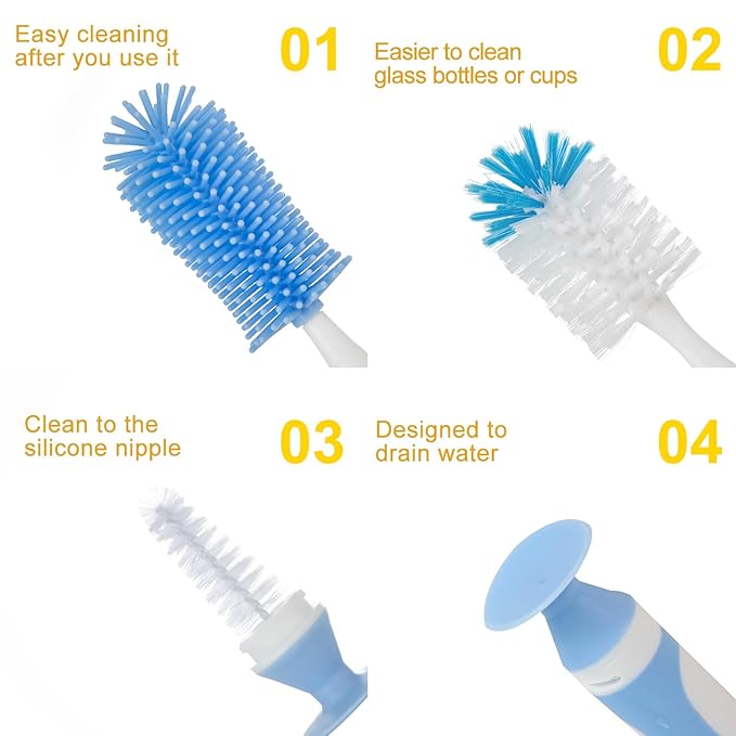 Chemimoso Multifunctional Cleaning Brush, Baby Bottle Brush, Water Bottle Brush Cleaner, Cup Brush, Rotate The Suction Cup to Obtain The Small Bristle Brushes Hidden in Handles, Set A, Grey