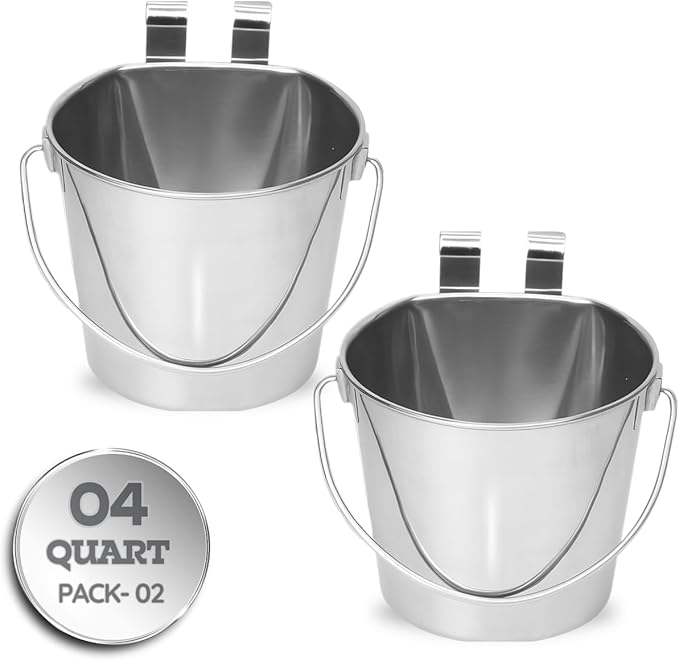 4 Quart Stainless Steel Flat Sided Bucket with Dual Hooks | 2 Pcs Durable Food & Water Bowl for Dogs Cats Goat & Livestock | Fits kennel Cage Critter Crate Hanging Pet Pail | Multipurpose