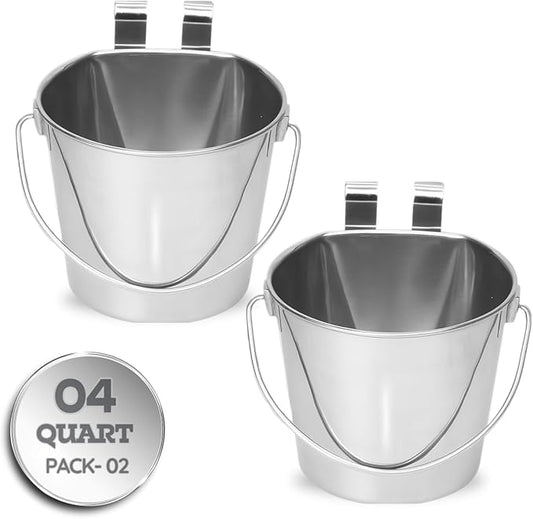 4 Quart Stainless Steel Flat Sided Bucket with Dual Hooks | 2 Pcs Durable Food & Water Bowl for Dogs Cats Goat & Livestock | Fits kennel Cage Critter Crate Hanging Pet Pail | Multipurpose