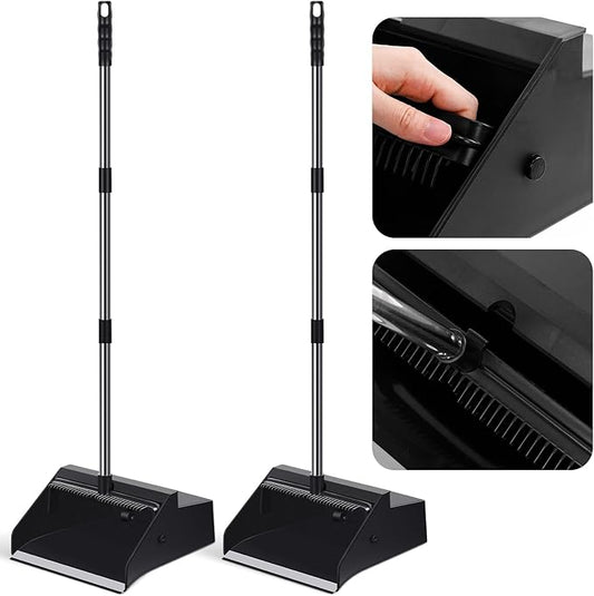 Leumoi 2 Pcs Dust Pans with Long Handle Set 36.6 Inch Commercial Dust Pan with Comb Large Plastic Stand up DustPans for Outdoor Indoor Restaurant Home Office Floor Cleaning (Black)