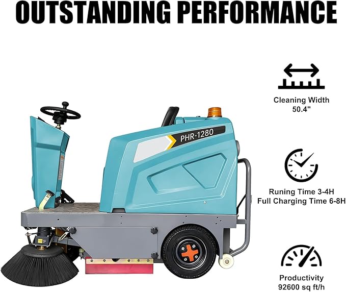 Ride on Floor Sweeper Machine 50.4" Clean Width 800W Brushless Motor Lithium Battery Powered 92600Sqft/h Efficiency, for Garages Warehouses Roads Schools Hospitals Malls,Blue