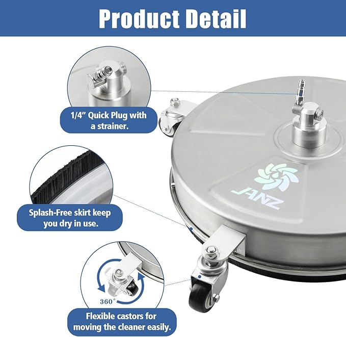 JANZ 18" Pressure Washer Surface Cleaner with 4 Wheels,1/4" Quick Plug,Stainless Steel Housing,2 Extension Wand Attachments, 3 Spray Nozzles and 2 Replacement Nozzles, 4000 PSI