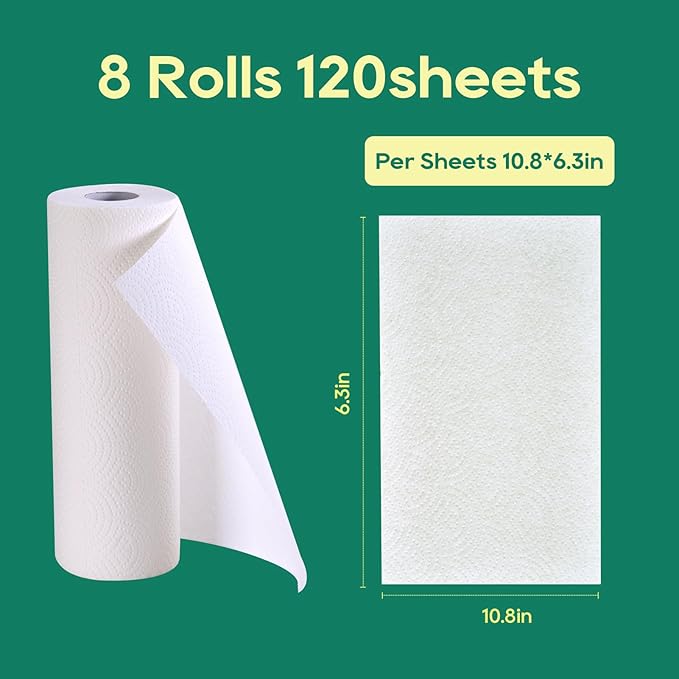 ECOlipak Paper Towels - 8 Rolls, 2 Ply 120 Sheets- Plastic Free, Tree Free, Compostable, Disposable Kitchen Paper Towels, Soft and Absorbent, PFAS Free, White