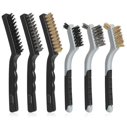 Wire Brushes Cleaning Set 6Pc, 9" and 7", Wire Brushes for Cleaning Welding Slag, Rust and Dust. Includes Brass, Nylon, Stainless Steel Brushes with Strong Handle