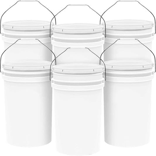 6.5-Gallon White Bucket Pail Container with Lid | Food Grade | Heavy-Duty 90MIL Extra Durable | Metal Handles with Plastic Grip for Easy Carrying | Multi-Use | Easy Stack and Store | BPA Free - 6 Pack