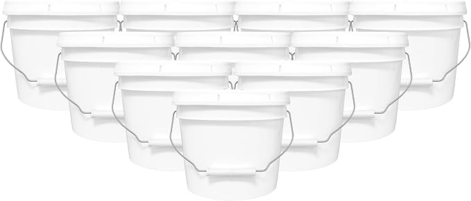 2-Gallon Bucket with Airtight Lid – Heavy-Duty Extra Durable Pail – Made in USA – Premium Quality HDPE – Food Grade – BPA Free – Metal Handle with Plastic Grip – Stackable – Multi-Use – White, 10 Pack