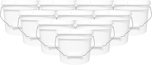 2-Gallon Bucket with Airtight Lid – Heavy-Duty Extra Durable Pail – Made in USA – Premium Quality HDPE – Food Grade – BPA Free – Metal Handle with Plastic Grip – Stackable – Multi-Use – White, 10 Pack
