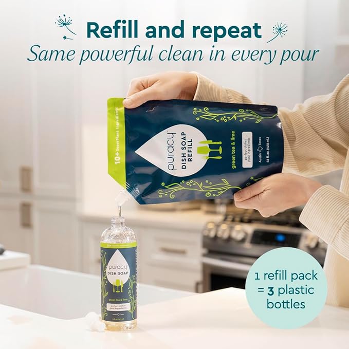 Puracy Natural Dish Soap - Skin-Softening Plant-Based Dishwashing Soap, Non-Toxic Dish Soap, Organic Liquid Dishwashing Detergent Soap (Green Tea & Lime, 16 fl oz)