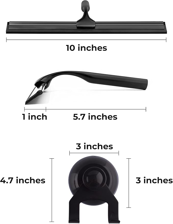 Matte Black Shower Squeegee for Glass Doors with Adhesive Hooks, Squeegee for Shower Glass, Cleaner Tool for Bathroom Household Window Mirror Tile Wall Car, 10 Inch Black