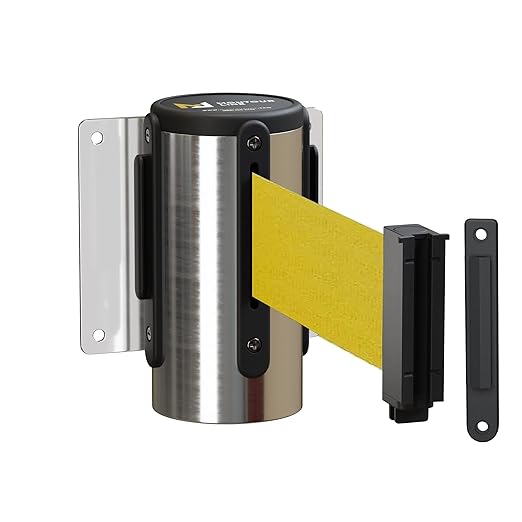 Montour Line WM115 Wall Mounted Retractable Belt Barrier with Standard Belt End, Fixed Mount, Polished Stainless Steel Casing (8.5 ft Yellow Belt)