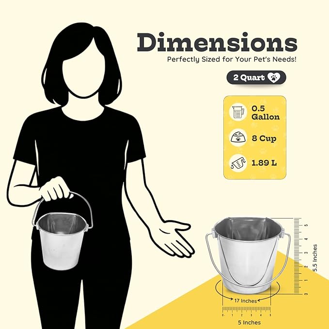 Flat Side Stainless Steel Bucket 2 Quart Hanging Feeding Utility Pail for Small Dog Cat Birds, Fits Kennel Cage Compatible, Heavy Duty Food & Water Feeder, 0.5 Gallon Silver Bucket 4 Pack