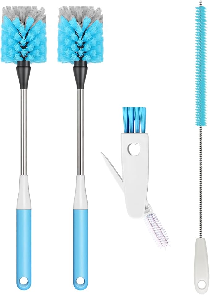 Bottle Brush 4-Piece Set, 15-inch Long Bottle Brush, Kitchen Brush Set with Straw Cleaner and Cup Lid Cleaning Brush; Water Bottle Brush Suitable for Water Bottles, Cups, Glasses, Baby Bottles, Blue