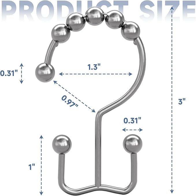 Titanker Shower Curtain Hooks Rings, Rust-Resistant Metal Double Glide Shower Hooks for Bathroom Shower Rods Curtains, Set of 12 Hooks - Chrome