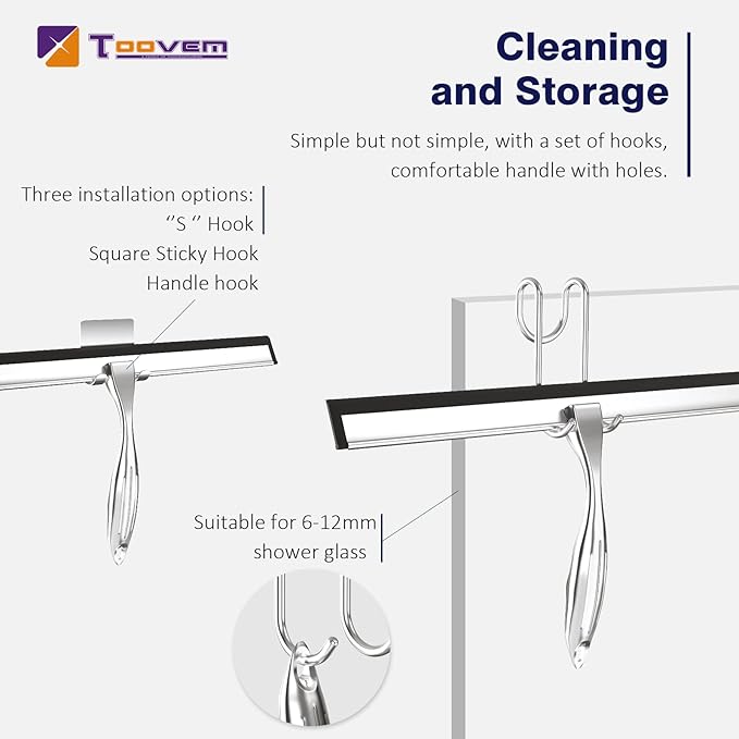 TOOVEM 14 Inch Shower Squeegee for Glass Doors, Window, Bathroom, Car Windshield, Shower Cleaning Tools with S Hook, Square Sticky Hook (Silver)