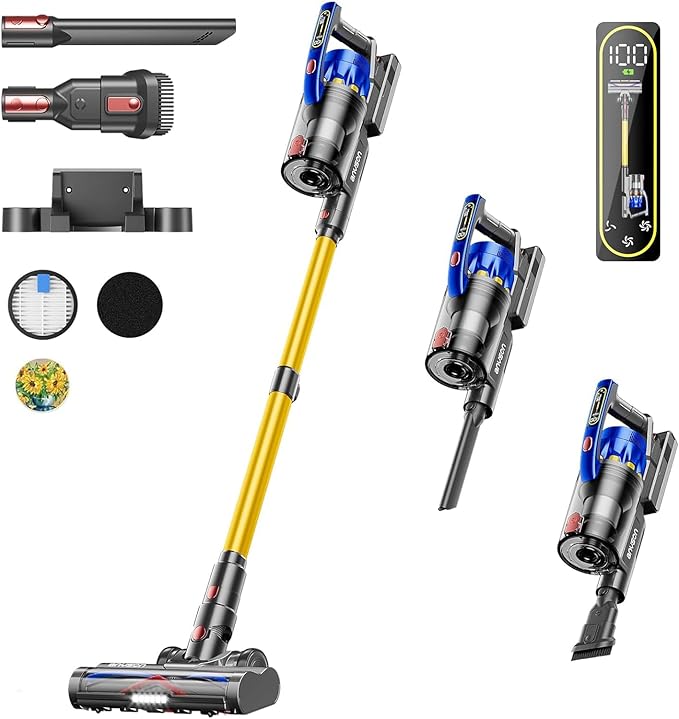 Cordless Vacuum Cleaner, 650W 55KPA 70Mins Vacuum Cleaners for Home, Self-Standing Stick Vacuum with Removable Battery, Wall Mount Charging, Anti-Tangle Roller Brush for Pet Hair, Carpet, All Floors