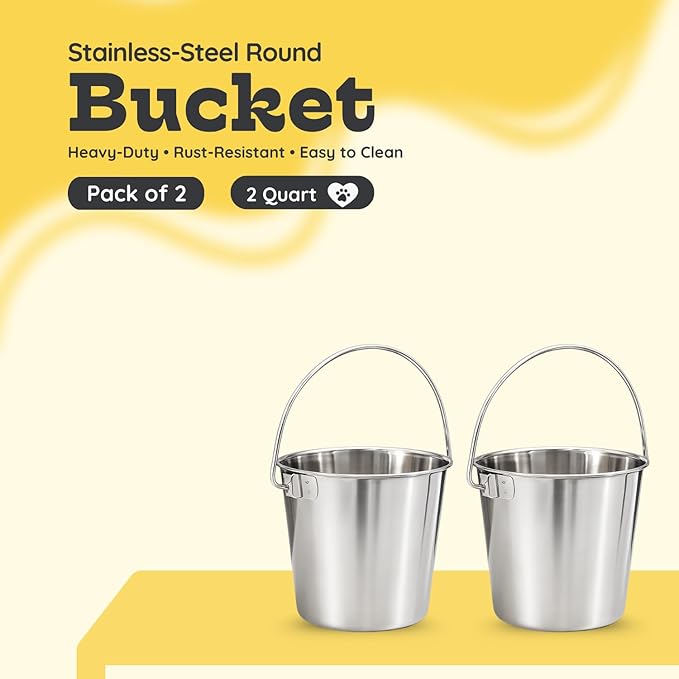 2 Quart Heavy Duty Stainless Steel Round Bucket with Handle | Fits kennel Cage Critter Crates Farm | Food & Water Pail for Small Pets Birds Dog Cat | Livestock Multipurpose use, Pack of 2