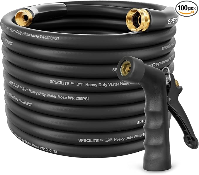 SPECILITE 3/4" Hot/Cold Garden Hose 100 ft with Industrial High Pressure Nozzle, Flexible & Lightweight, 600psi Burst Rubber Water hose -50℉-158℉ With 3/4" Brass Fittings for Yard, Black
