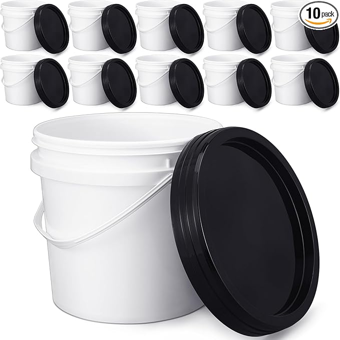 Gerrii 10 Pack White Plastic Bucket with Handle and Lid Food Storage Bucket Containers All Purpose Pail for Multipurpose Paint Water Art Crafts Projects Garage Organization (White, Black, 1.3 Gallon)