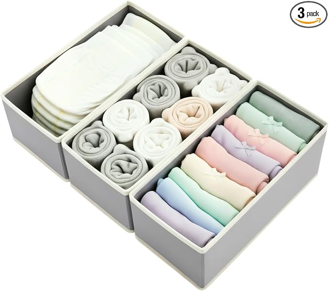 3-Pack Breathable Mesh Drawer Organizer - Foldable Fabric Storage Bins for Underwear, Bras & Socks, Removable Dividers for Closet & Dresser, Light Grey