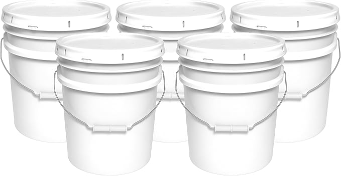 5-Gallon Bucket with Airtight Lid – Heavy-Duty Extra Durable Pail – Made in USA – Premium Quality HDPE – Food Grade – BPA Free – Metal Handle with Plastic Grip – Stackable – Multi-Use – White, 5 Pack