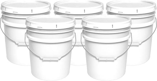 5-Gallon Bucket with Airtight Lid – Heavy-Duty Extra Durable Pail – Made in USA – Premium Quality HDPE – Food Grade – BPA Free – Metal Handle with Plastic Grip – Stackable – Multi-Use – White, 5 Pack