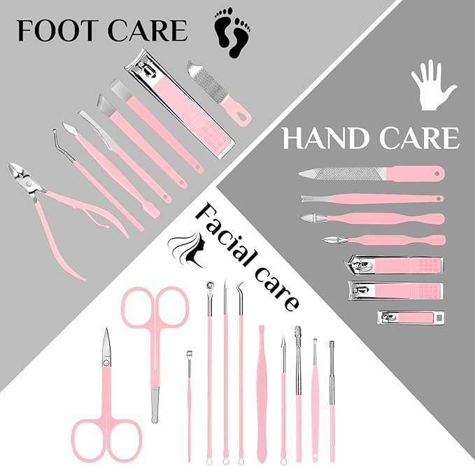 26-Piece Professional Manicure Set (Pink)，Features Stainless Steel Tools, Carbon Steel Clippers & Travel Case for Women's Home and Travel Grooming，Luxury Nail Care Gift for Her.