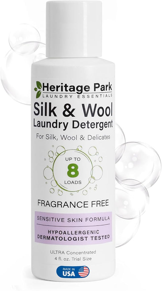 Heritage Park Silk & Wool Fragrance Free, Hypoallergenic, pH-Neutral Laundry Detergent - Dermatologist-tested, Sensitive Skin-Friendly, Enzymes-Free, Ultra Concentrated (4 Fl Oz)
