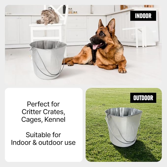 Heavy Duty Stainless Steel Bucket 2 Gallon - 9 Quart Flat Side Metal Bucket for Feeding & Watering Pets, Livestock & Cleaning - Perfect for Crates, Kennels, Cages & Hang on Fences