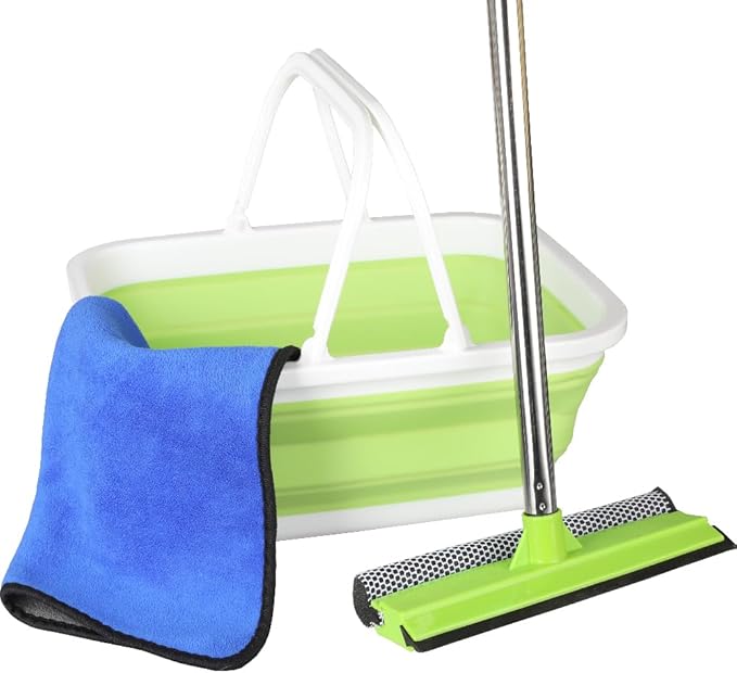 Window Cleaning Kit, Squeegee with Bucket for Windshield Cleaning, Bathroom, Shower Doors, Mirrors, Tiles, and Car Windows (Green)