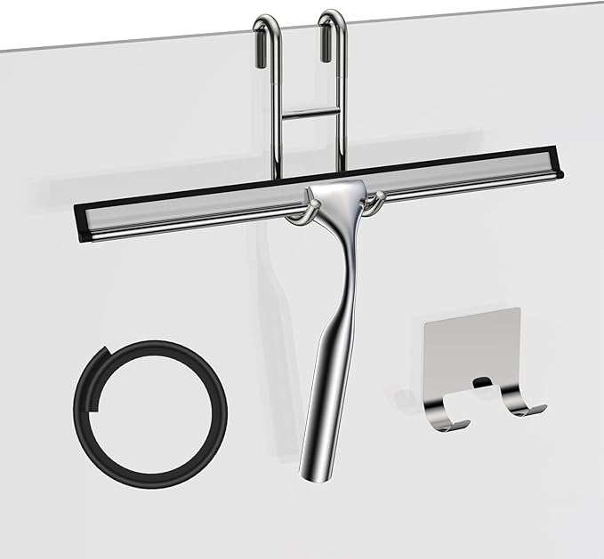 Shower Squeegee for Glass Door Stainless Steel Bathroom Squeegee Window Wiper, Includes Shower Door Hook, Adhesive Hook, and Spare Silicone Blade for Window Mirror Car 12-Inch