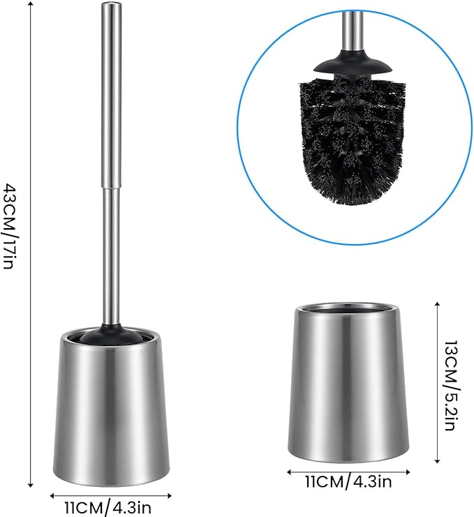Stainless Steel Toilet Brush and Holder Toilet Brush and Cases Bathroom Bowl Cleaning Brush Double Layer Holder Long Brush Handle High Density Bristles Silver