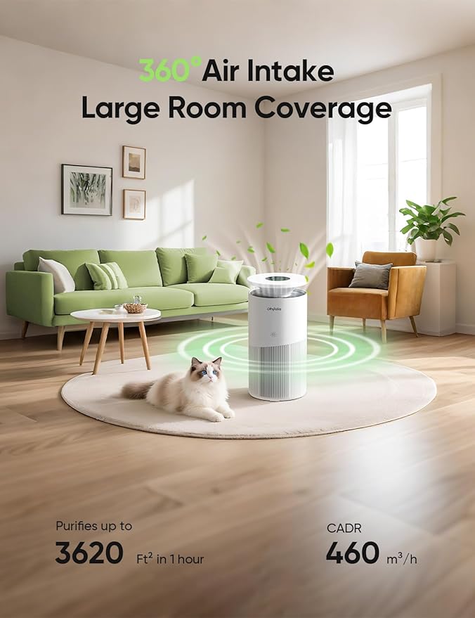 Air Purifier for Home Large Room up to 3620Ft², H13 True HEPA Air Purifiers for Home Pet Hair Dander Odor Pollen, Air Cleaner with Smart WiFi, 360° Air Intake, Auto Mode, Pet Lock, 22dB Quiet